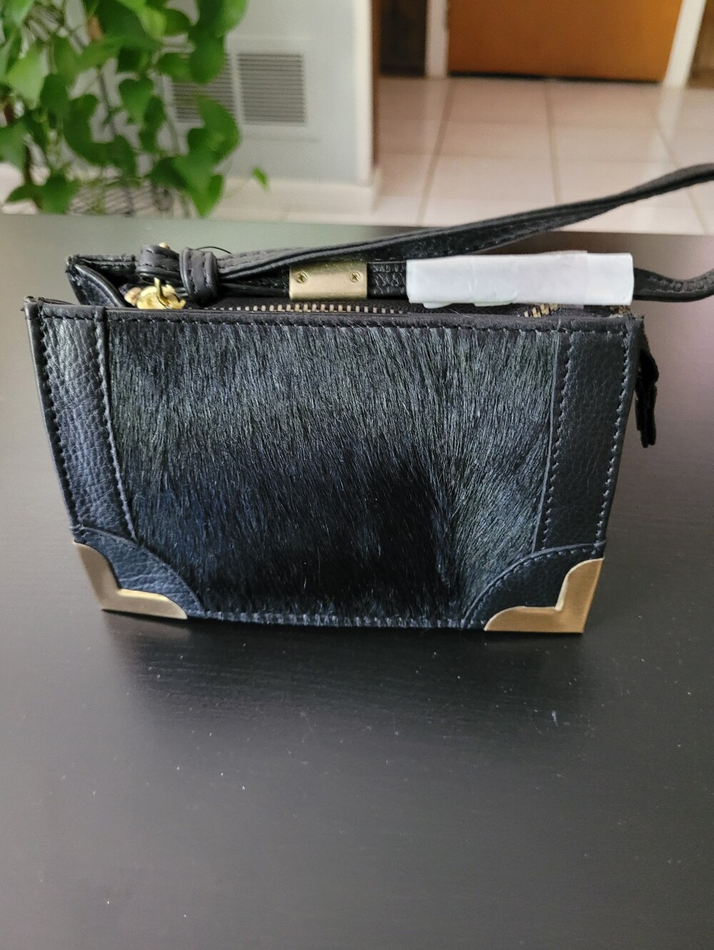 Foley + Corinna Black Haircalf Clutch Wristlet with Gold Accents